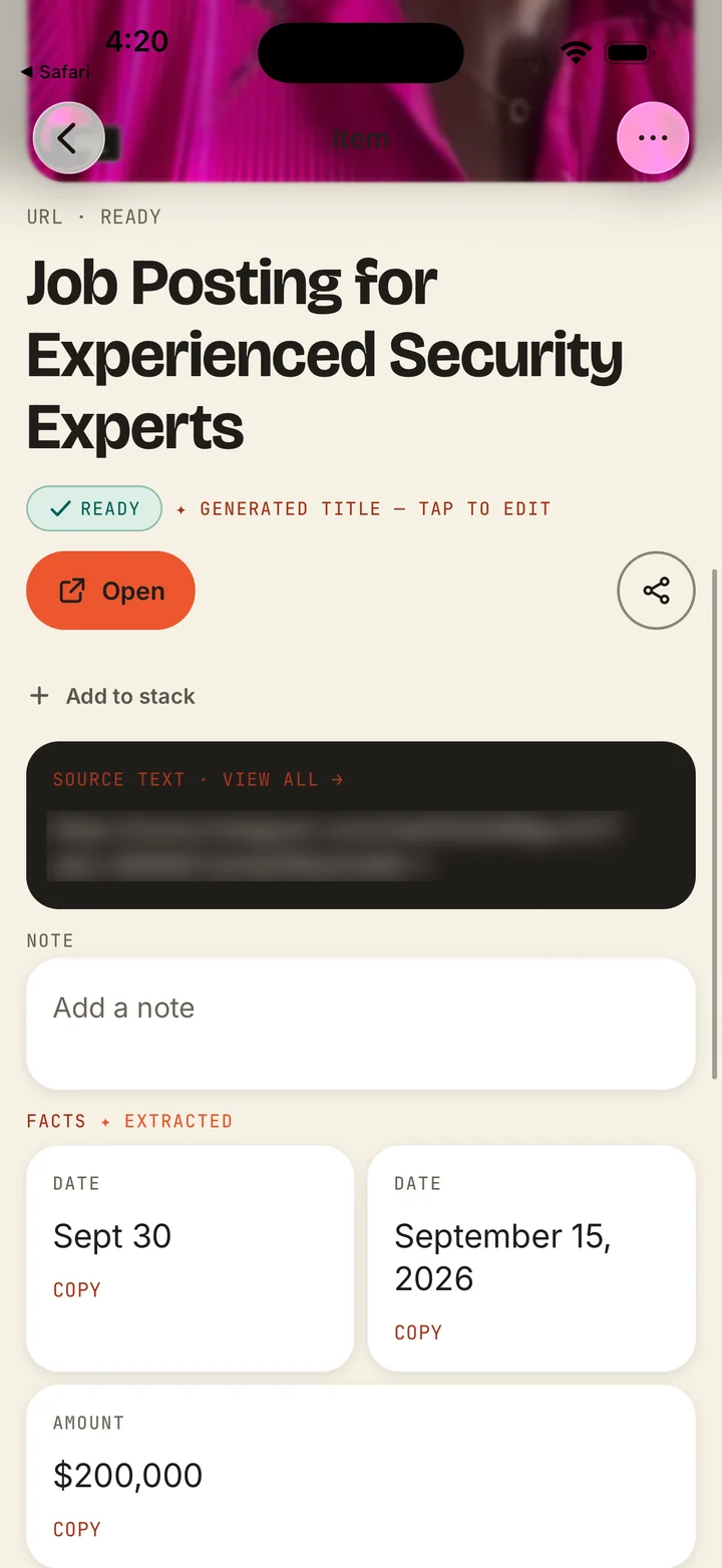 A saved job posting in PluckIt with its extracted facts, two dates and an amount, each with its own Copy button