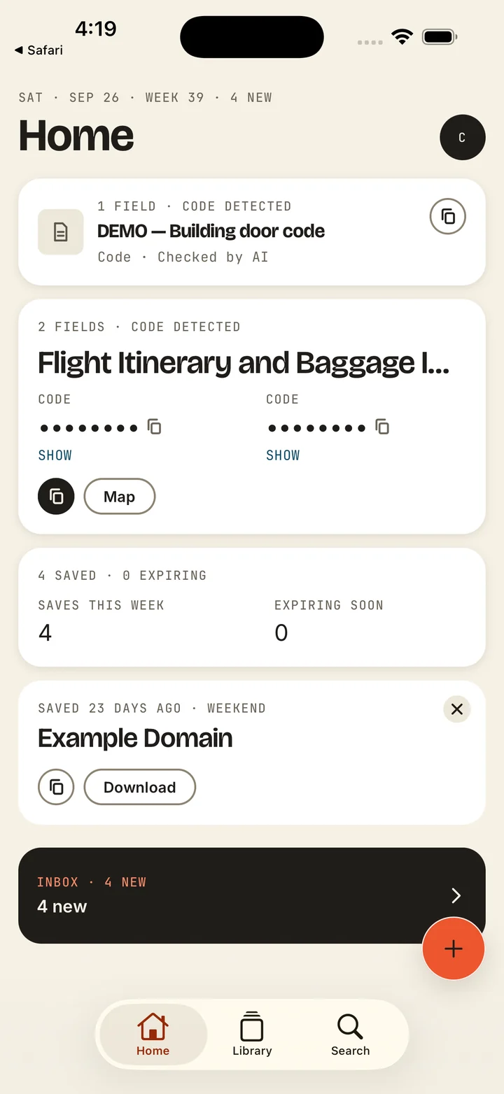 The PluckIt Home screen: a building door code, a flight itinerary with two codes ready to copy, and this week's saves